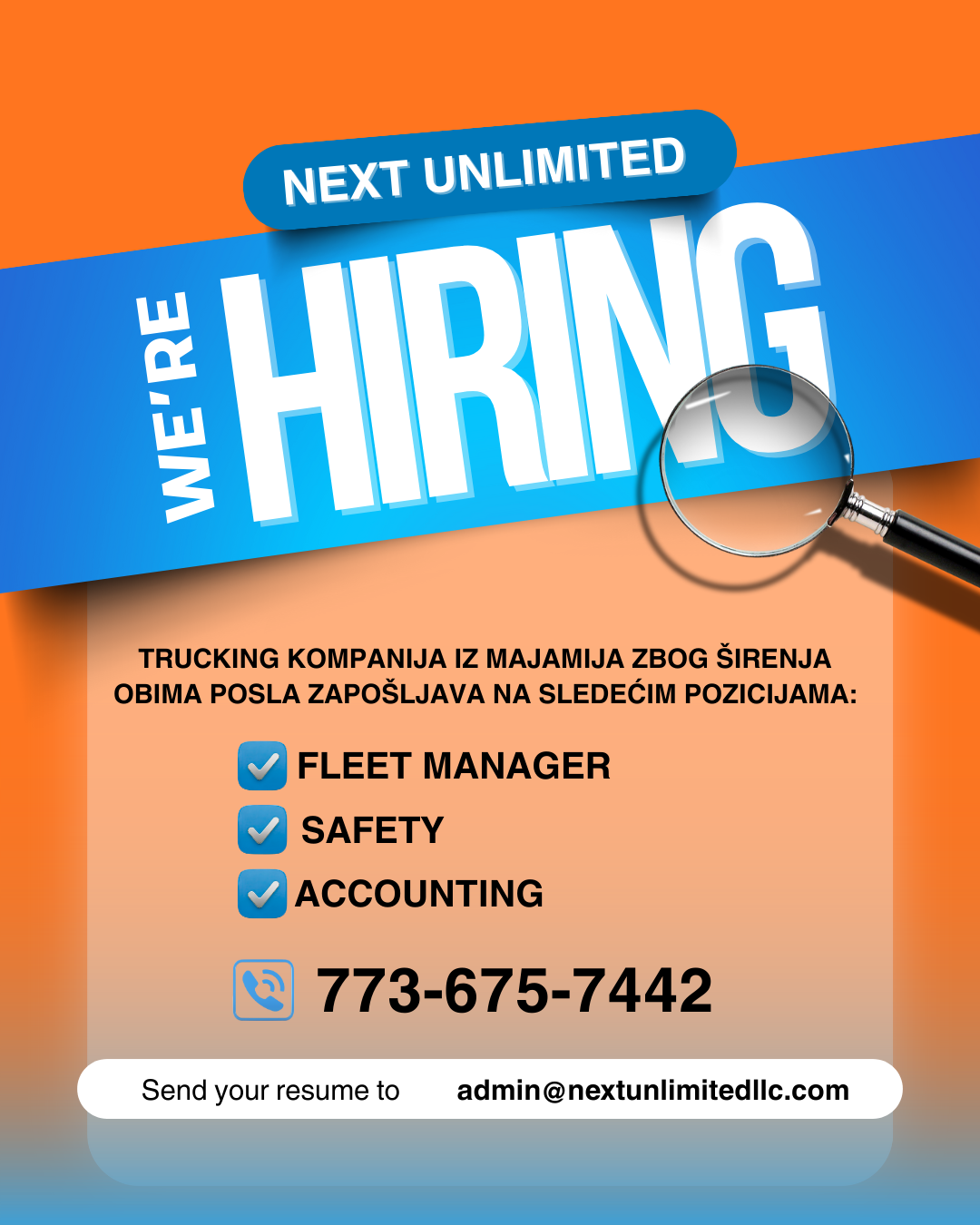 Trucking kompanija iz Majamija zapošljava Fleet Managera, Safety i Accounting